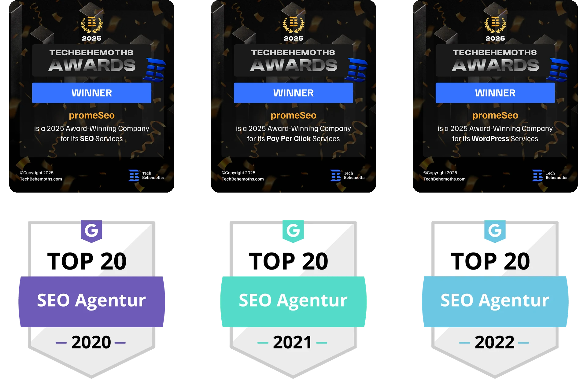 Auszeichnungen von promeSeo: TechBehemoths Awards 2025 und Top 20 SEO Agentur laut SE Ranking