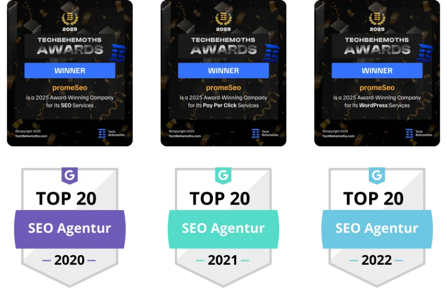 Auszeichnungen von promeSeo: TechBehemoths Awards 2025 und Top 20 SEO Agentur laut SE Ranking